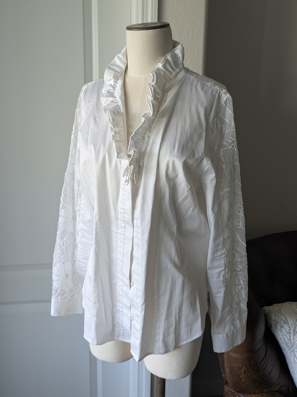 Soft Surroundings White Ruffle Collar Button-Down Blouse